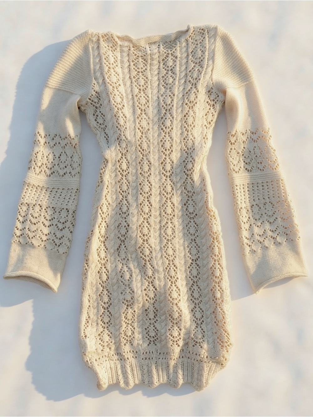 SNDYS Cream Crochet Knit Beach Cover-Up Dress | Size S | Coastal Ibiza Chic - Picture 5 of 5